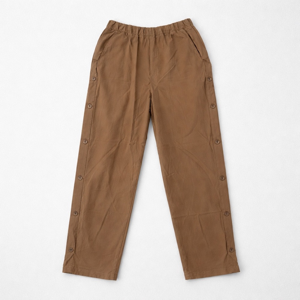 Women’s Casual Pants with Button Accent Elastic Waist Pockets Beige Size M.